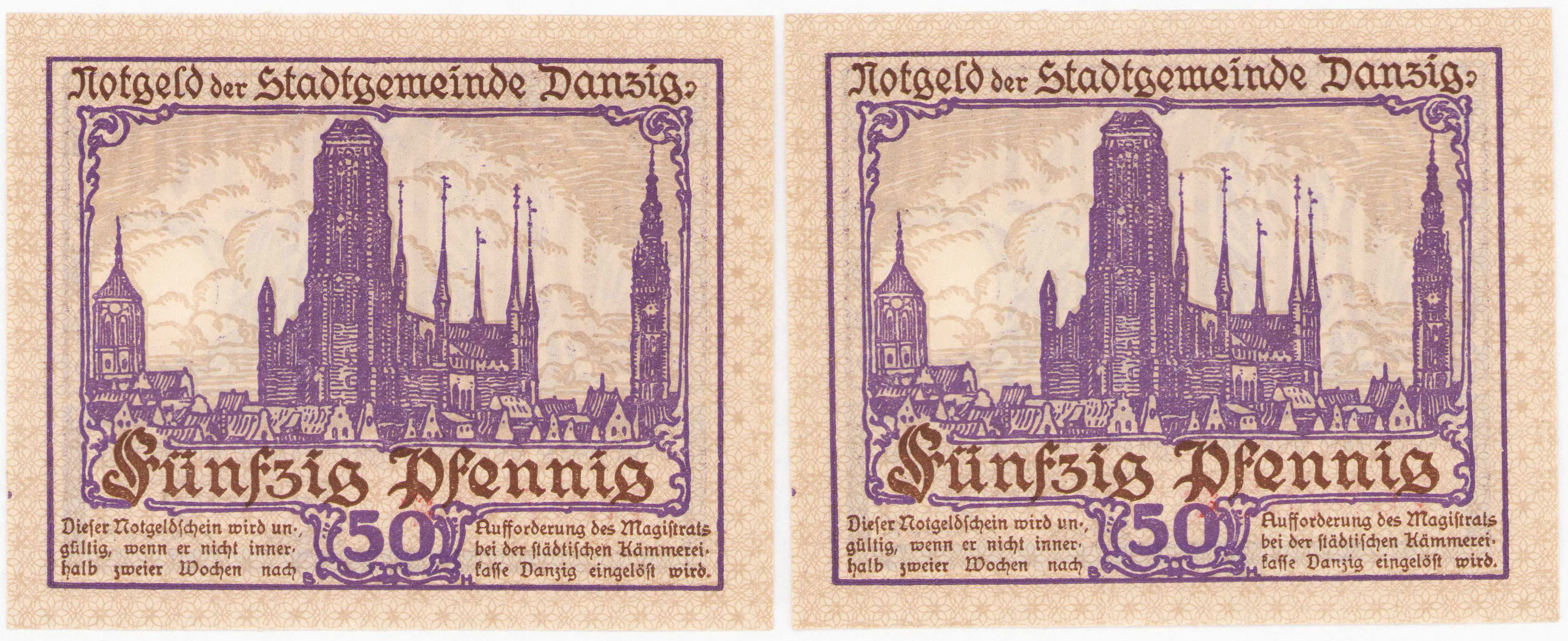 Prusy Zachodnie, Gdańsk - Notgeld. 50 fenigów 1919 – 2 szt. PIĘKNE